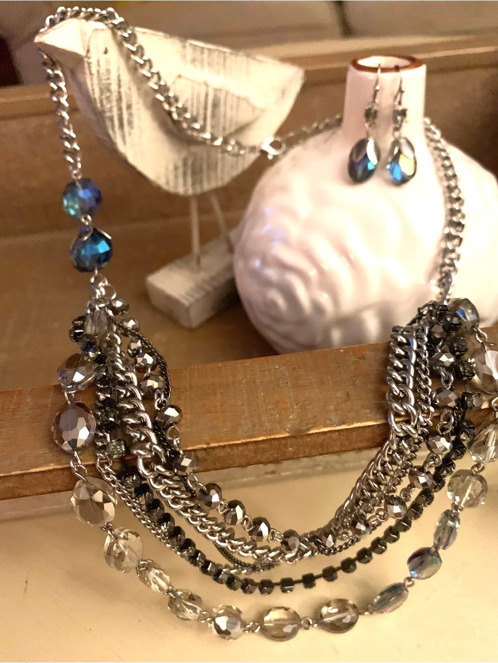 Dana Buchman Silver and Smoky Blue Multi-Strand Necklace with Earrings - NWOT